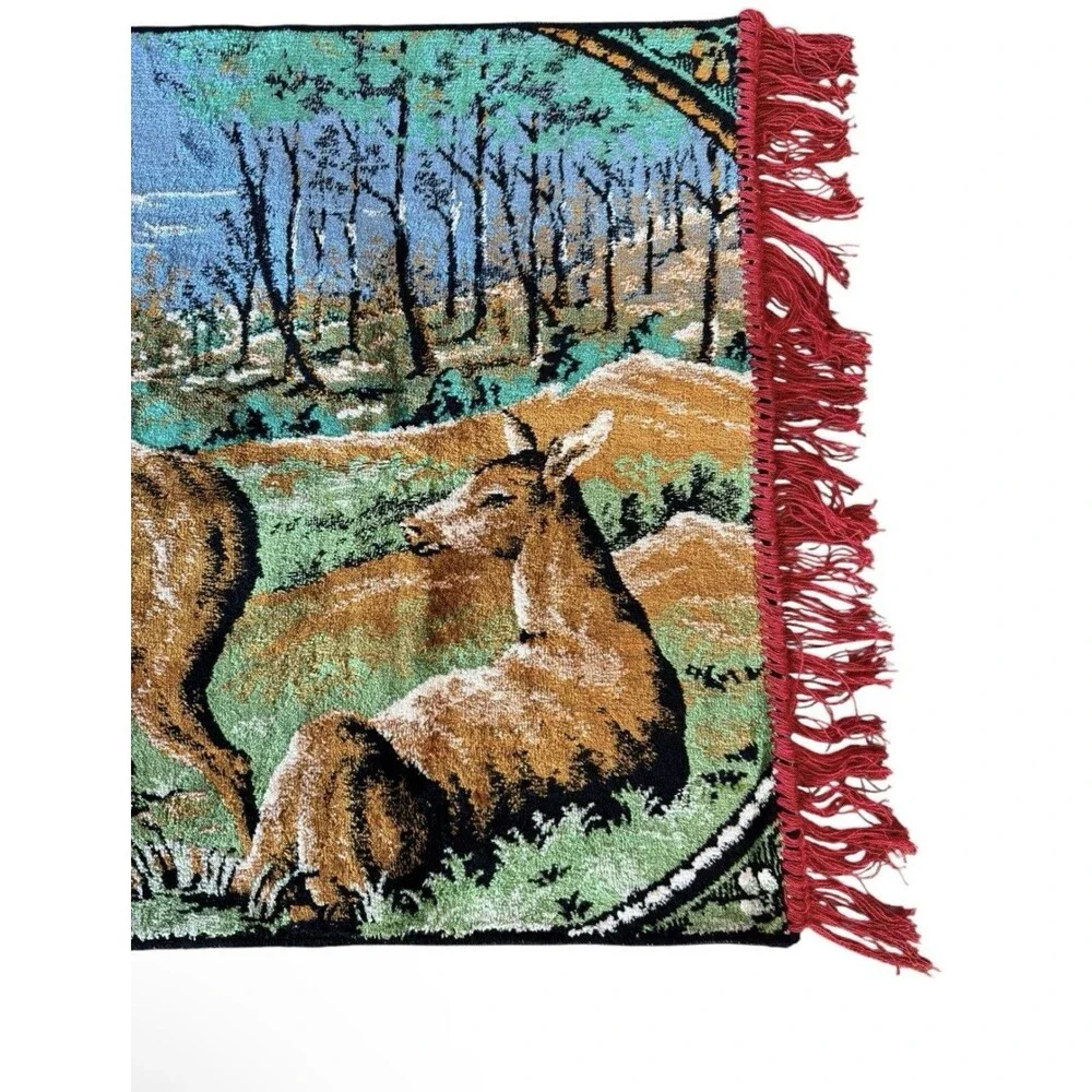 Vintage 1960 Sovali Stag Deer Forest Scene Tapestry Rug Wall Decor France 39x21